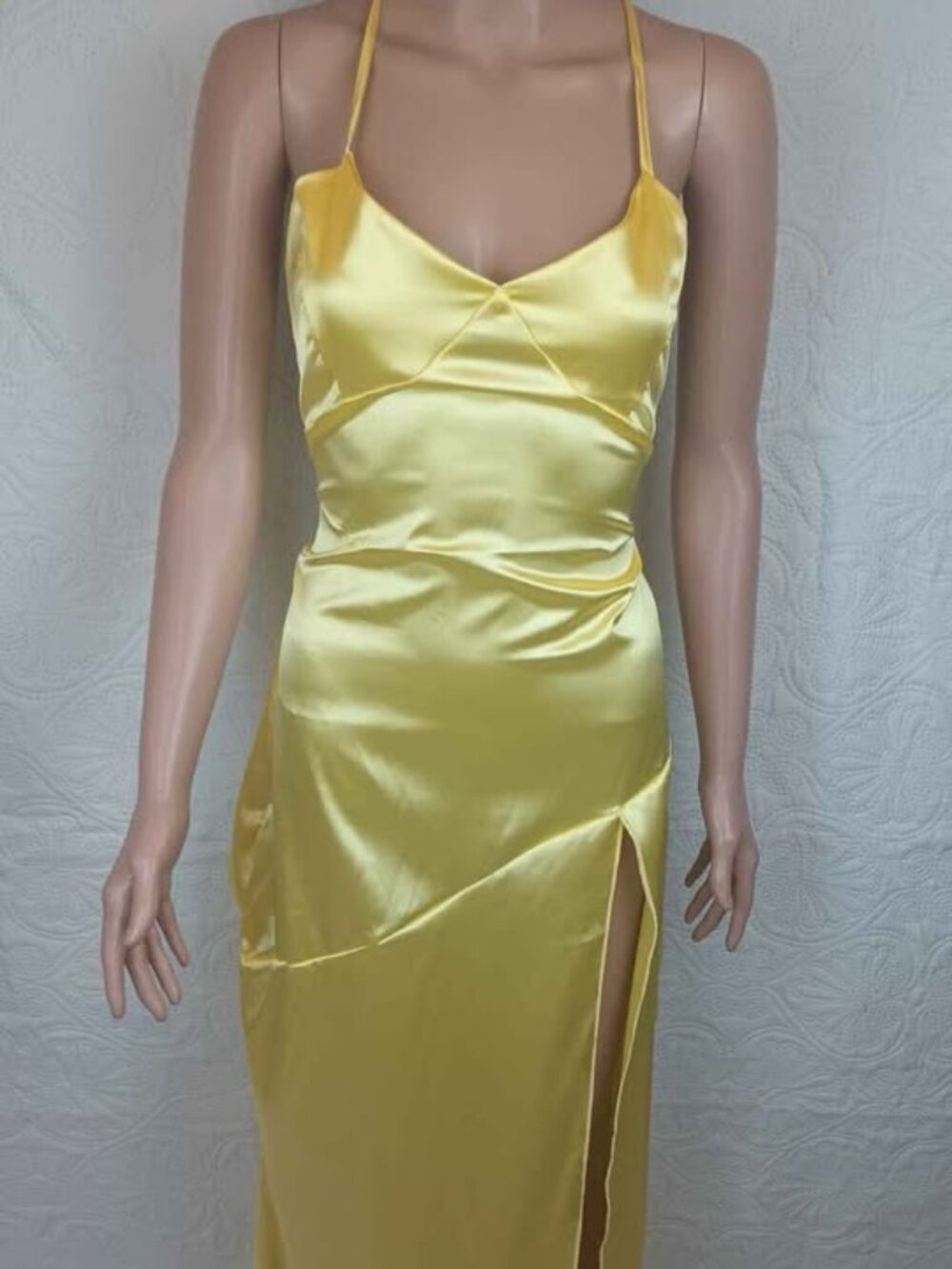 NWOT Yellow Satin Lace-Up Back Maxi Dress XL Formal Evening Dress